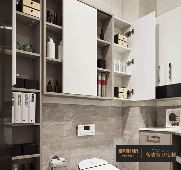 掛墻式浴室柜設(shè)計，精致的雕刻增添了優(yōu)雅和魅力。兩個開放式貨架解決“必備品”清單上的任何產(chǎn)品，存放和拿取都方便。